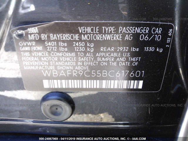 WBAFR9C55BC617601 - 2011 BMW 550 I GRAY photo 9