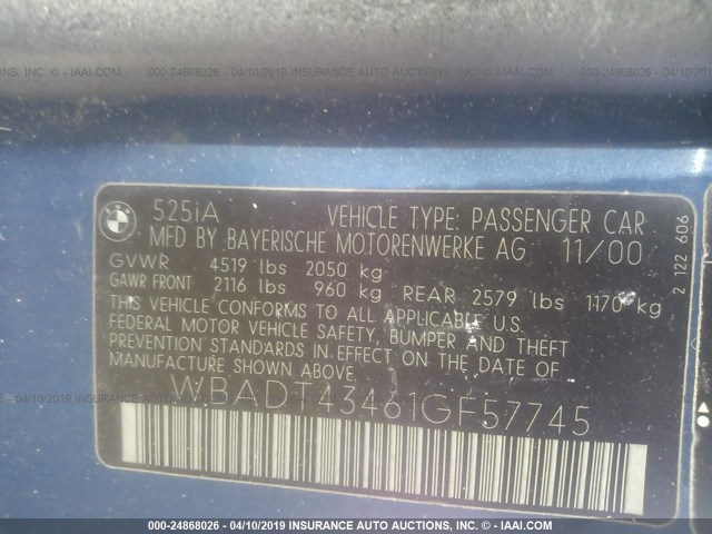 WBADT43461GF57745 - 2001 BMW 525 I AUTOMATIC Mavi foto 9