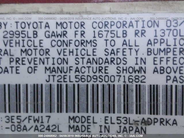 JT2EL56D9S0071682 - 1995 TOYOTA TERCEL DX RED photo 9