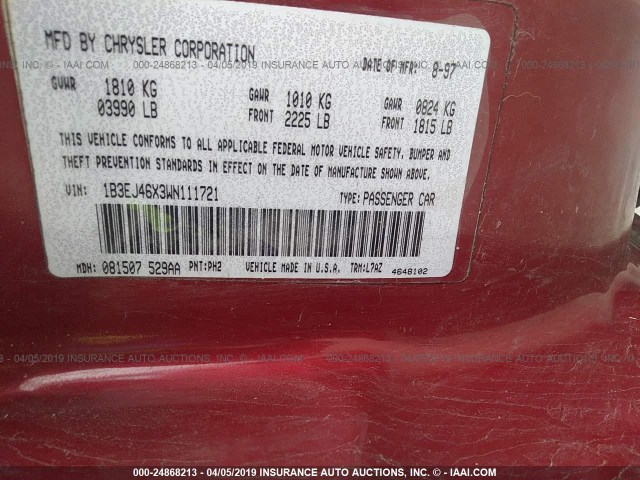 1B3EJ46X3WN111721 - 1998 DODGE STRATUS MAROON photo 9