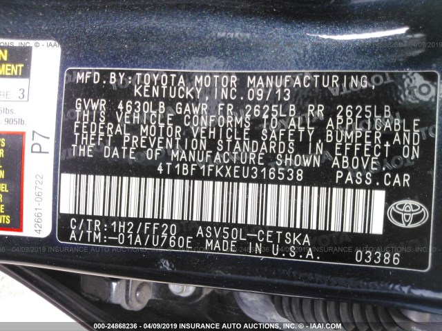 4T1BF1FKXEU316538 - 2014 TOYOTA CAMRY L/SE/LE/XLE 深蓝色 照片 9