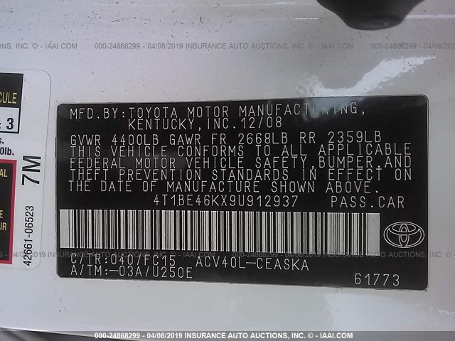 4T1BE46KX9U912937 - 2009 TOYOTA CAMRY SE/LE/XLE 白色 照片 9