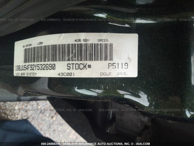 1G8JU54F92Y532690 - 2002 SATURN L200 GREEN photo 9