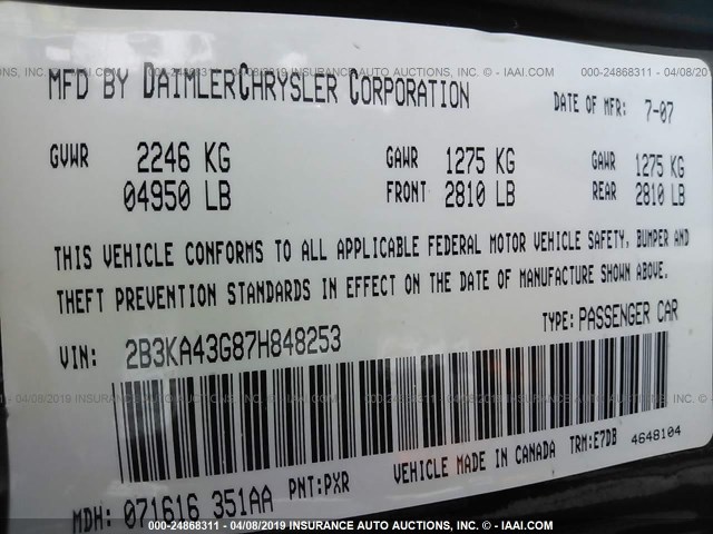 2B3KA43G87H848253 - 2007 DODGE CHARGER SE/SXT BLACK photo 9