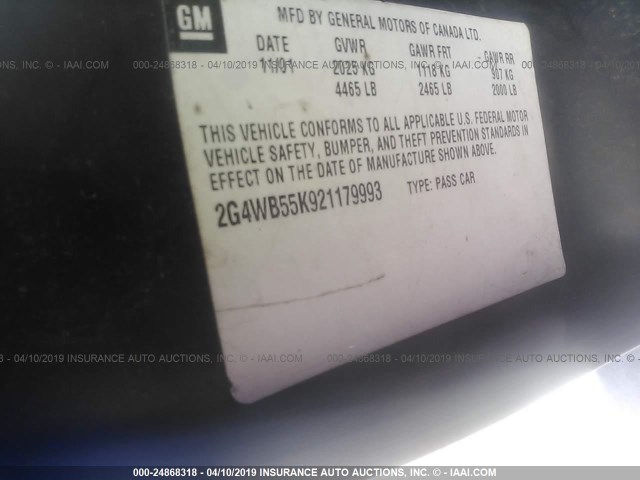 2G4WB55K921179993 - 2002 BUICK REGAL LS GRAY photo 9