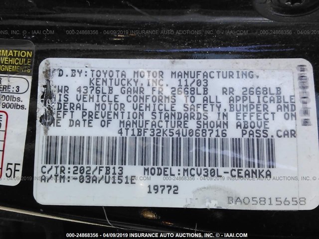 4T1BF32K54U068716 - 2004 TOYOTA CAMRY LE/XLE/SE BLACK photo 9