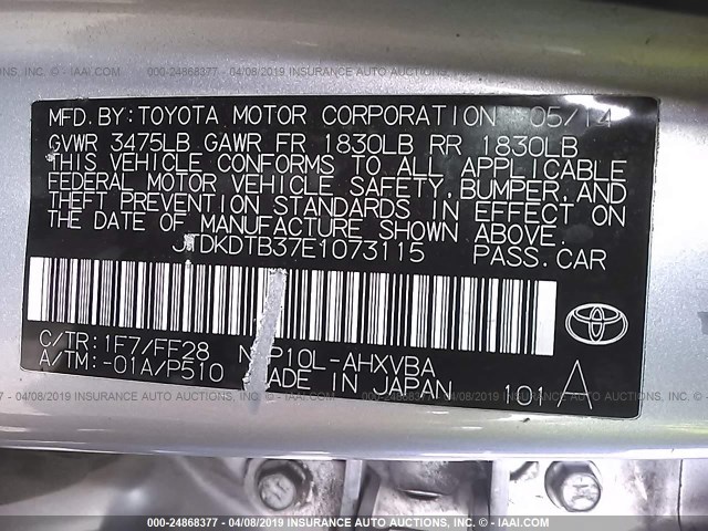 JTDKDTB37E1073115 - 2014 TOYOTA PRIUS C SILVER photo 9