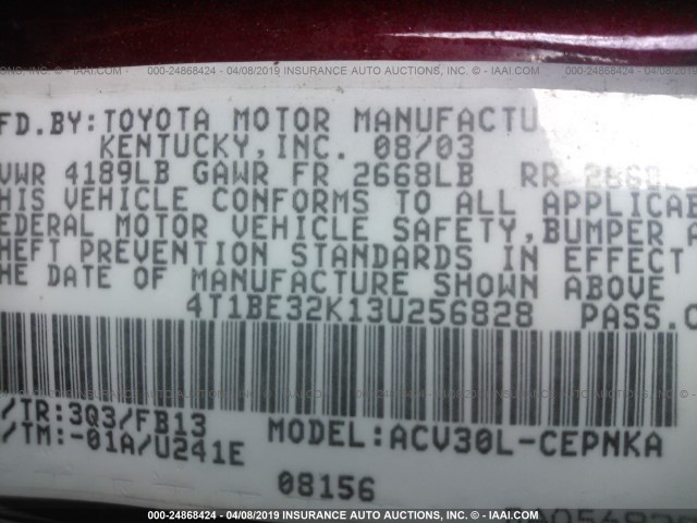 4T1BE32K13U256828 - 2003 TOYOTA CAMRY LE/XLE/SE MAROON photo 9