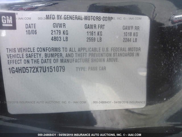 1G4HD572X7U151079 - 2007 BUICK LUCERNE CXL BLACK photo 9