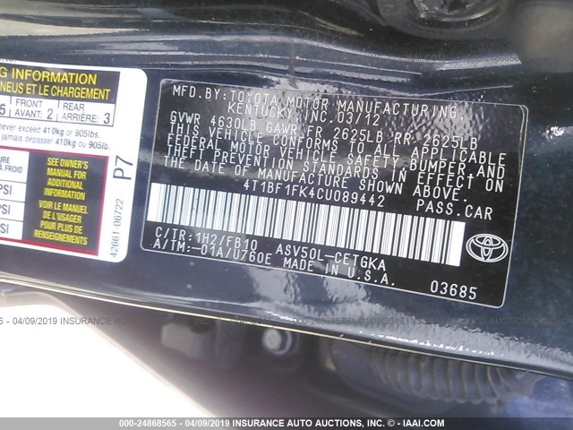 4T1BF1FK4CU089442 - 2012 TOYOTA CAMRY SE/LE/XLE 黑色 照片 9