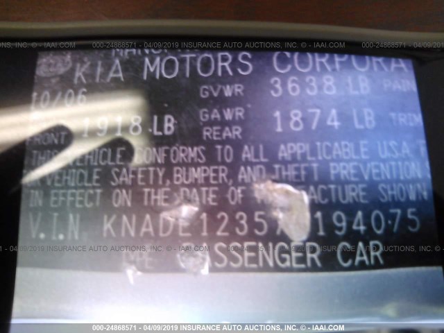 KNADE123576194075 - 2007 KIA RIO LX/SX Light Blue photo 9