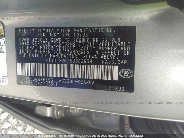 4T1BE32K75U563858 - 2005 TOYOTA CAMRY LE/XLE/SE SILVER photo 9