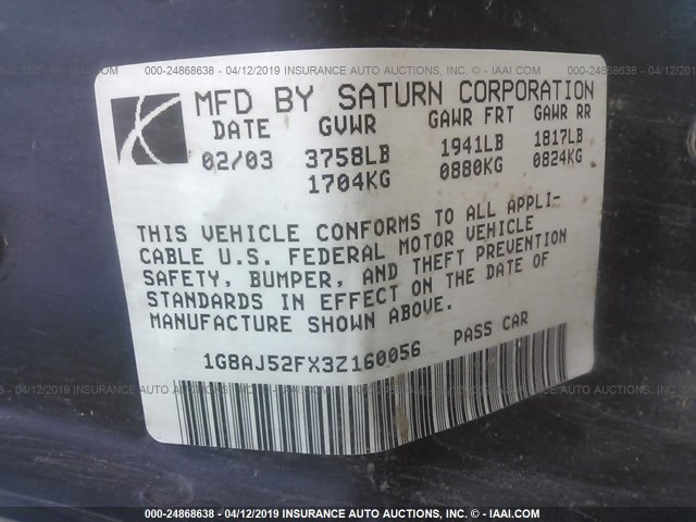 1G8AJ52FX3Z160056 - 2003 SATURN ION LEVEL 2 白色 照片 9