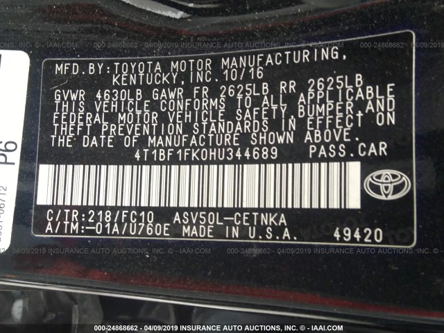 4T1BF1FK0HU344689 - 2017 TOYOTA CAMRY LE/XLE/SE/XSE შავი ფოტო 9