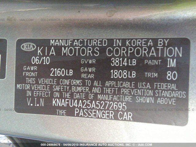 KNAFU4A25A5272695 - 2010 KIA FORTE EX GRAY photo 9