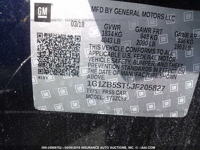 1G1ZB5ST5JF205827 - 2018 CHEVROLET MALIBU LS BLUE photo 9