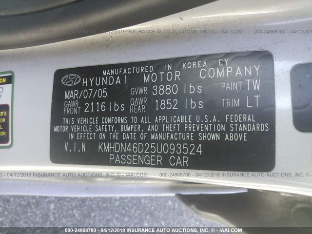 KMHDN46D25U093524 - 2005 HYUNDAI ELANTRA GLS/GT SILVER photo 9