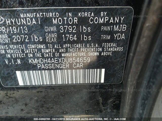 KMHDH4AEXDU854659 - 2013 HYUNDAI ELANTRA GLS/LIMITED BLACK photo 9