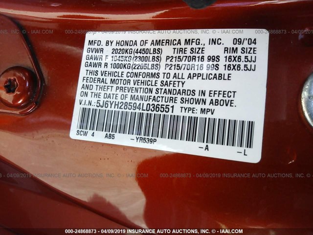 5J6YH28594L036551 - 2004 HONDA ELEMENT EX ORANGE photo 9