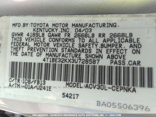 4T1BE32KX3U728587 - 2003 TOYOTA CAMRY LE/XLE/SE SILVER photo 9