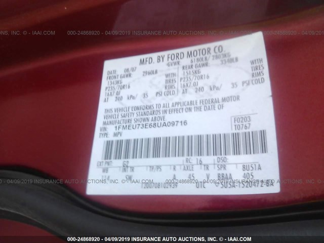 1FMEU73E68UA09716 - 2008 FORD EXPLORER XLT RED photo 9