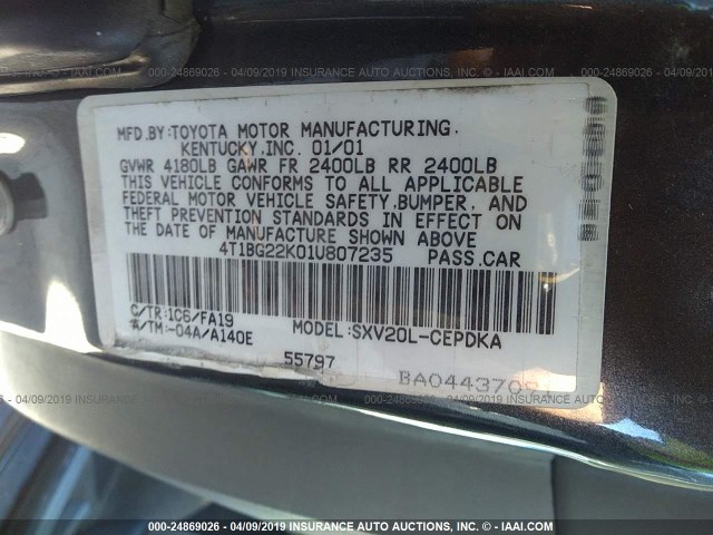 4T1BG22K01U807235 - 2001 TOYOTA CAMRY CE/LE/XLE BLACK photo 9