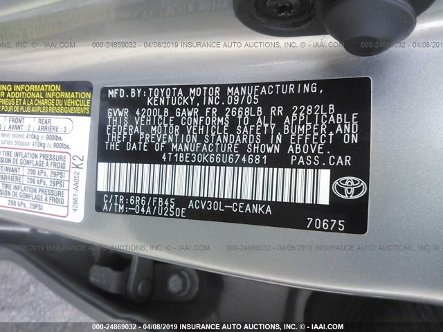 4T1BE30K66U674681 - 2006 TOYOTA CAMRY LE/XLE/SE GRAY photo 9