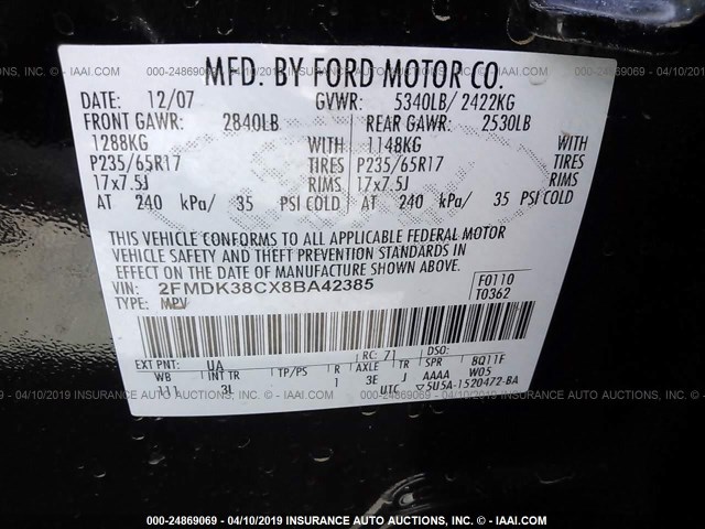 2FMDK38CX8BA42385 - 2008 FORD EDGE SEL BLACK photo 9