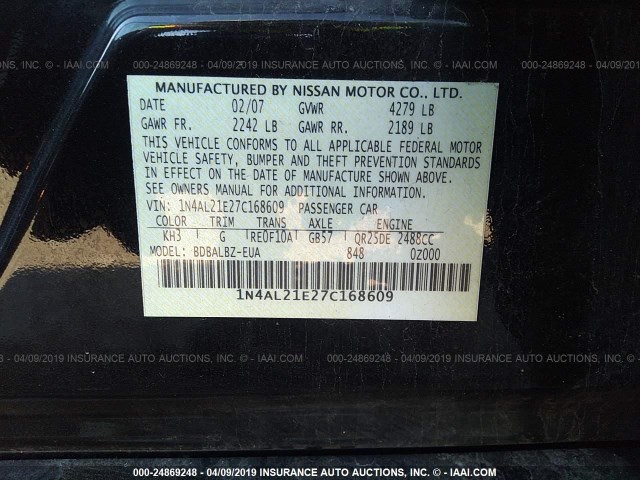 1N4AL21E27C168609 - 2007 NISSAN ALTIMA 2.5/2.5S BLACK photo 9