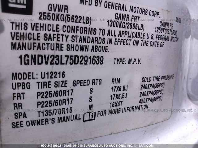 1GNDV23L75D291639 - 2005 CHEVROLET UPLANDER LS WHITE photo 9