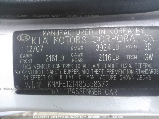 KNAFE121485558372 - 2008 KIA SPECTRA EX/LX/SX SILVER photo 9