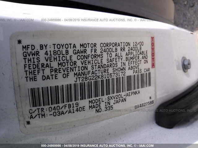 JT2BG22K810573172 - 2001 TOYOTA CAMRY CE/LE/XLE WHITE photo 9