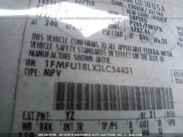 1FMFU18LX3LC54431 - 2003 FORD EXPEDITION EDDIE BAUER WHITE photo 9