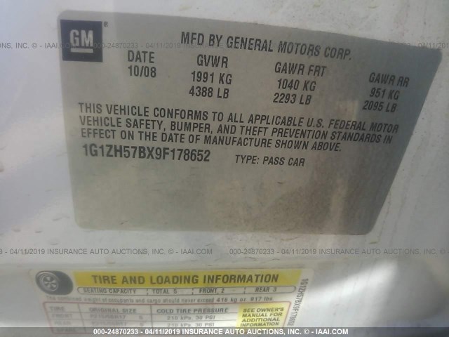 1G1ZH57BX9F178652 - 2009 CHEVROLET MALIBU 1LT 白色 照片 9