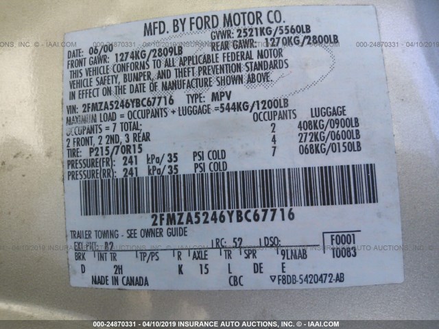 2FMZA5246YBC67716 - 2000 FORD WINDSTAR SE GOLD photo 9