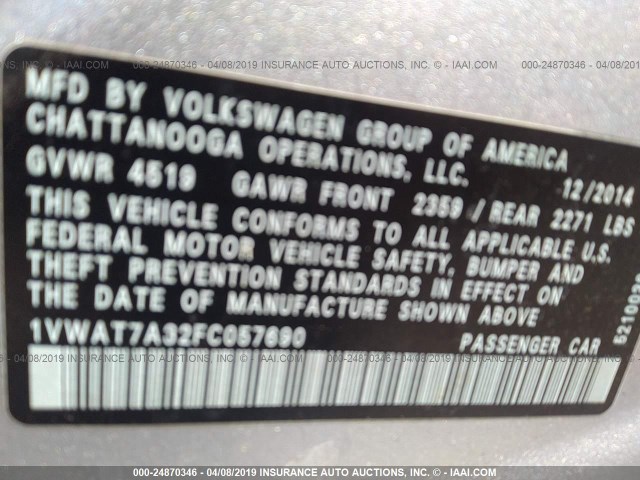 1VWAT7A32FC057690 - 2015 VOLKSWAGEN PASSAT S SILVER photo 9