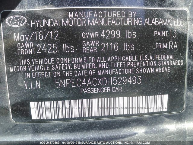 5NPEC4ACXDH529493 - 2013 HYUNDAI SONATA SE/LIMITED BLACK photo 9