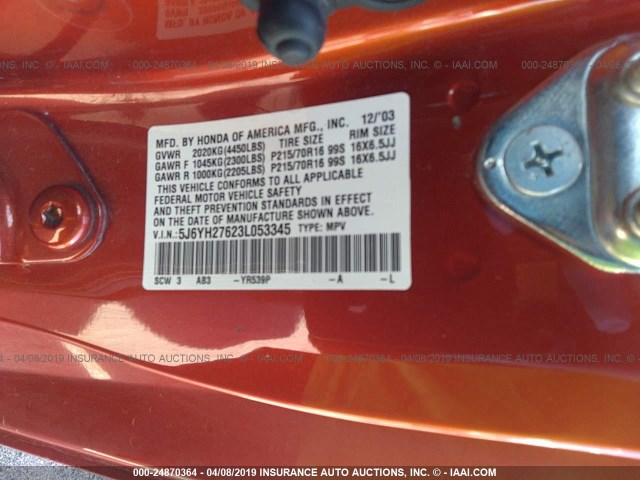 5J6YH27623L053345 - 2003 HONDA ELEMENT EX ORANGE photo 9