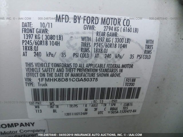 1FMHK8D81CGA50375 - 2012 FORD EXPLORER XLT WHITE photo 9