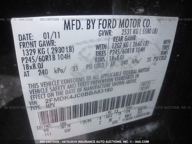 2FMDK4JC0BBA83180 - 2011 FORD EDGE SEL BLACK photo 9