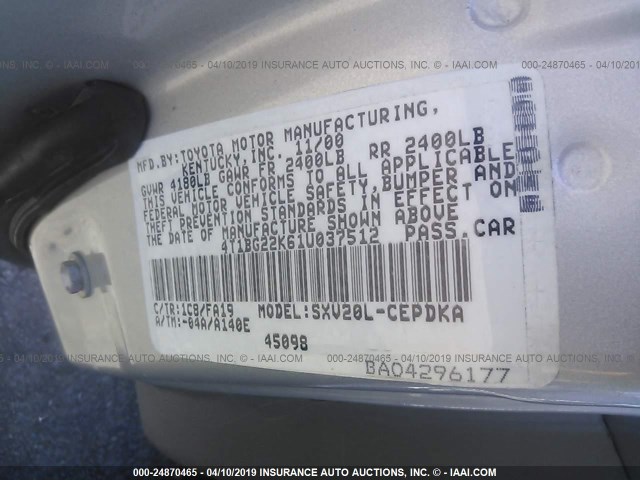 4T1BG22K61U037512 - 2001 TOYOTA CAMRY CE/LE/XLE SILVER photo 9