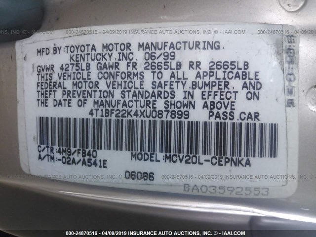 4T1BF22K4XU087899 - 1999 TOYOTA CAMRY LE/XLE Алтын фото 9