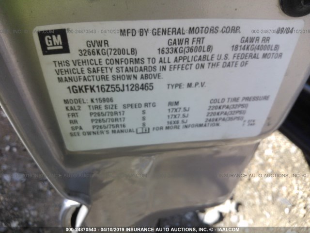 1GKFK16Z55J128465 - 2005 GMC YUKON XL K1500 Pewter photo 9