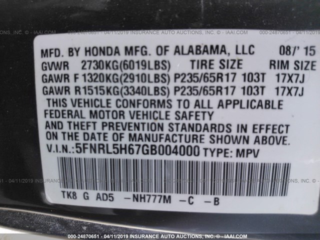 5FNRL5H67GB004000 - 2016 HONDA ODYSSEY EXL GRAY photo 9