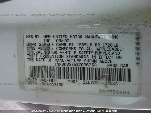 1NXBR32E53Z026353 - 2003 TOYOTA COROLLA CE/LE/S WHITE photo 9