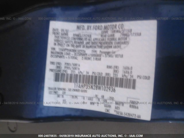 1FAHP35N28W102936 - 2008 FORD FOCUS SE/SEL/SES BLUE photo 9