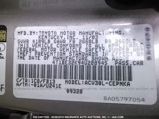 4T1BE32K94U288945 - 2004 TOYOTA CAMRY LE/XLE/SE SILVER photo 8