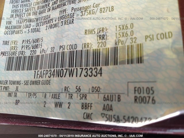 1FAFP34N07W173334 - 2007 FORD FOCUS ZX4/S/SE/SES მუქწითელი ფოტო 9