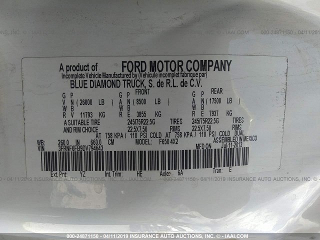 3FRNF6FB9DV794643 - 2013 FORD F650 SUPER DUTY Unknown photo 9