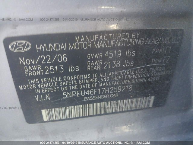 5NPEU46F17H259218 - 2007 HYUNDAI SONATA SE/LIMITED SILVER photo 9